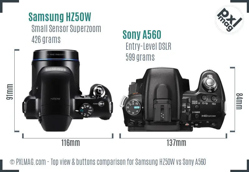 Samsung HZ50W vs Sony A560 top view buttons comparison