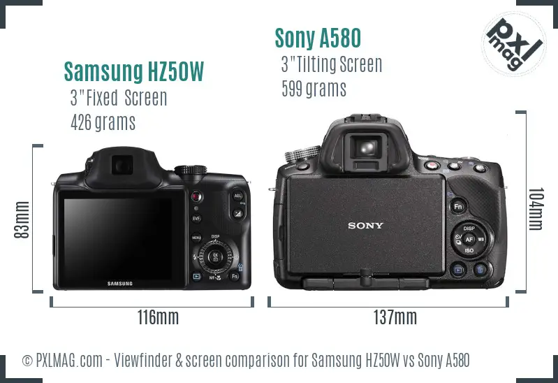 Samsung HZ50W vs Sony A580 Screen and Viewfinder comparison