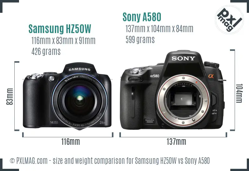 Samsung HZ50W vs Sony A580 size comparison