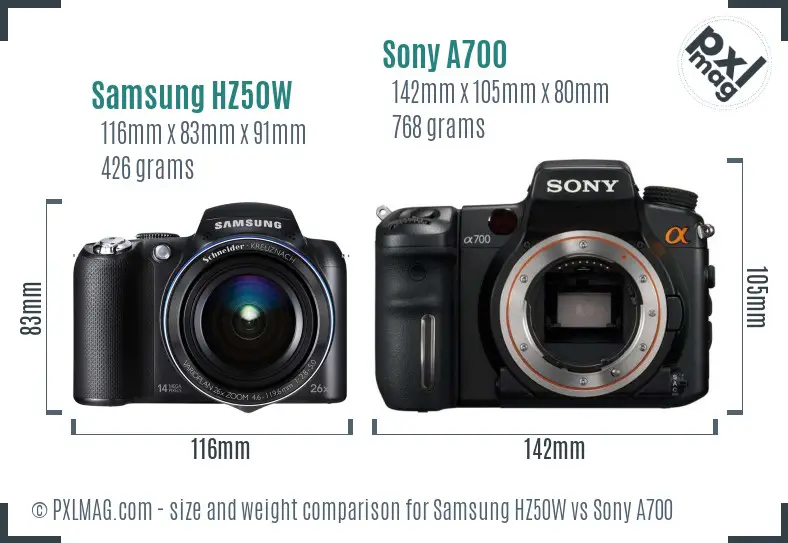 Samsung HZ50W vs Sony A700 size comparison