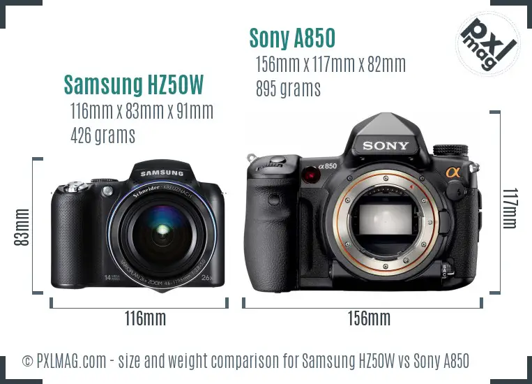 Samsung HZ50W vs Sony A850 size comparison