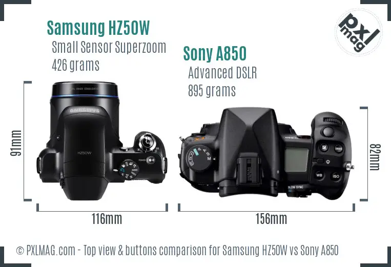 Samsung HZ50W vs Sony A850 top view buttons comparison