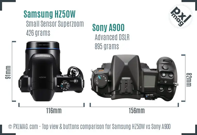 Samsung HZ50W vs Sony A900 top view buttons comparison