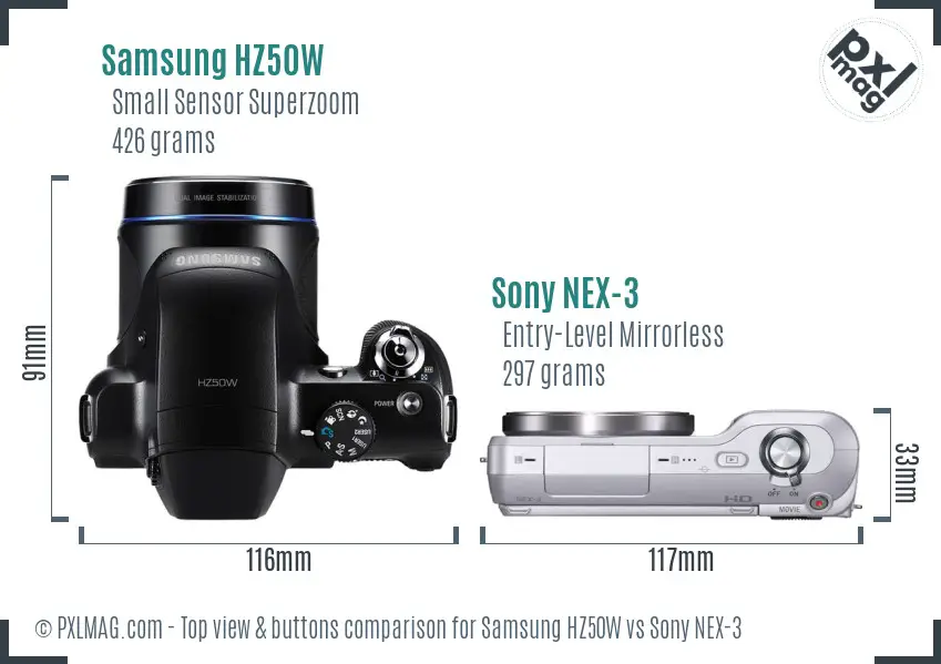 Samsung HZ50W vs Sony NEX-3 top view buttons comparison