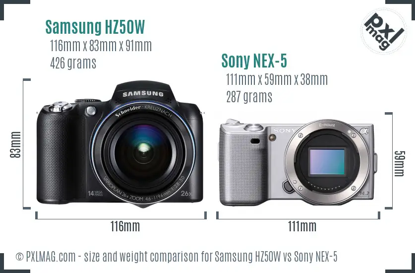 Samsung HZ50W vs Sony NEX-5 size comparison