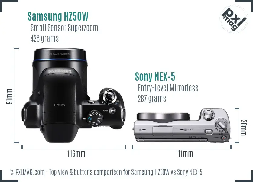 Samsung HZ50W vs Sony NEX-5 top view buttons comparison