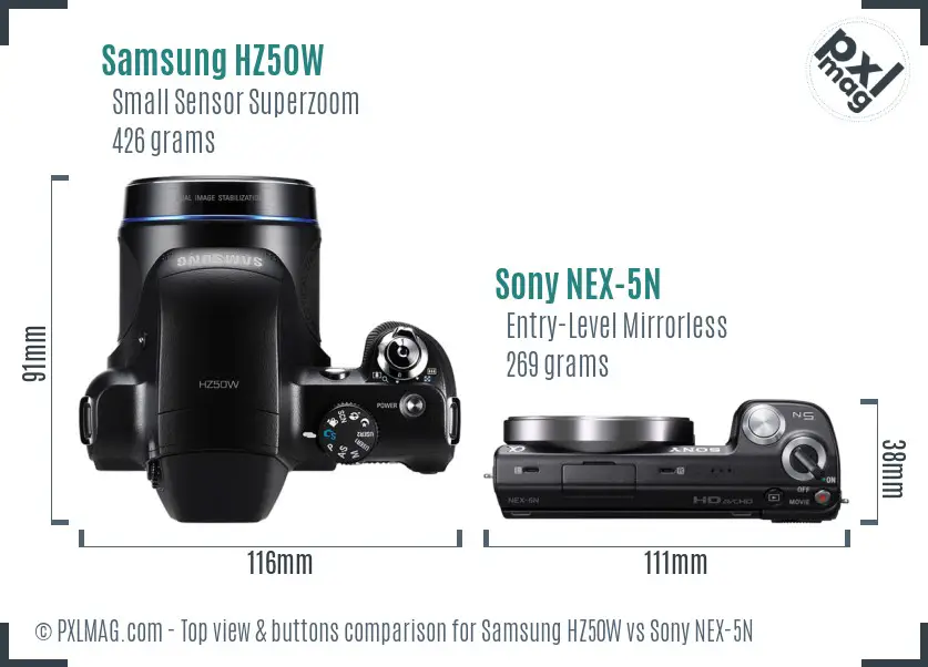 Samsung HZ50W vs Sony NEX-5N top view buttons comparison