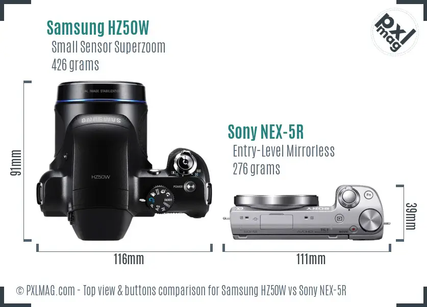 Samsung HZ50W vs Sony NEX-5R top view buttons comparison