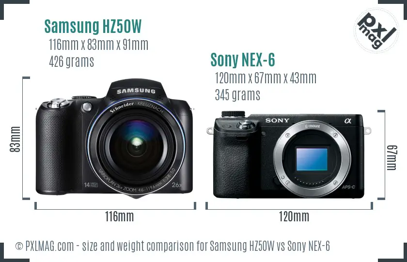Samsung HZ50W vs Sony NEX-6 size comparison