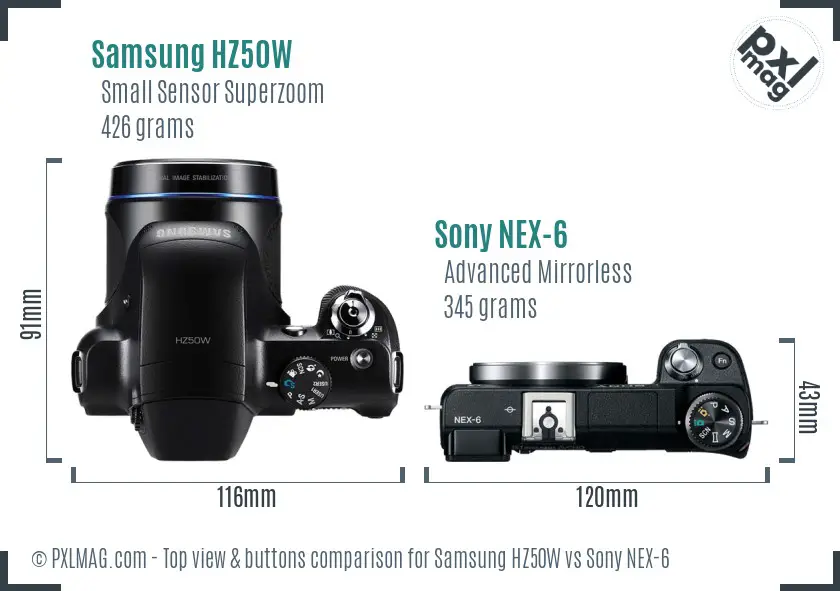 Samsung HZ50W vs Sony NEX-6 top view buttons comparison