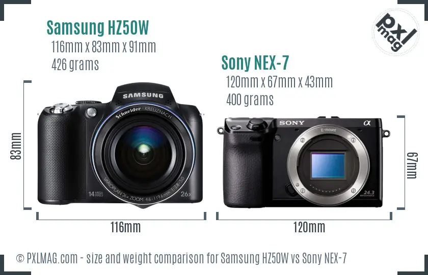 Samsung HZ50W vs Sony NEX-7 size comparison