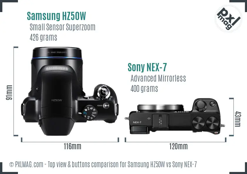 Samsung HZ50W vs Sony NEX-7 top view buttons comparison