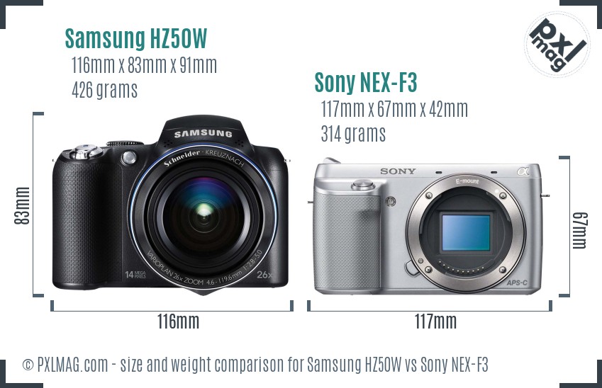 Samsung HZ50W vs Sony NEX-F3 size comparison