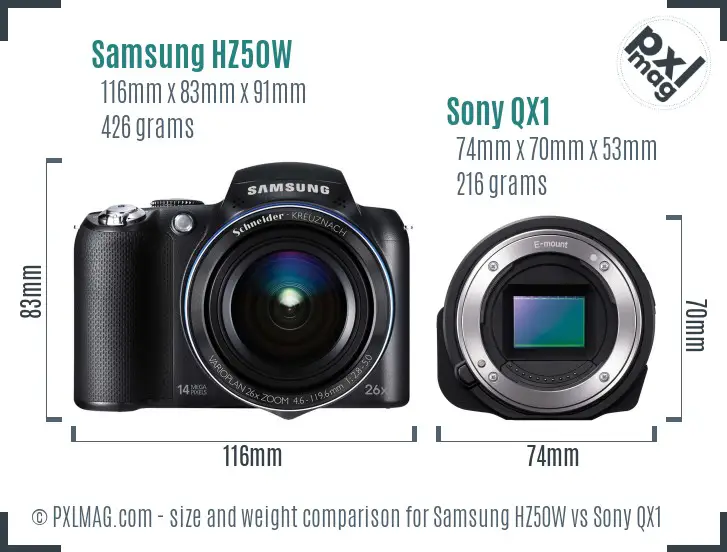 Samsung HZ50W vs Sony QX1 size comparison