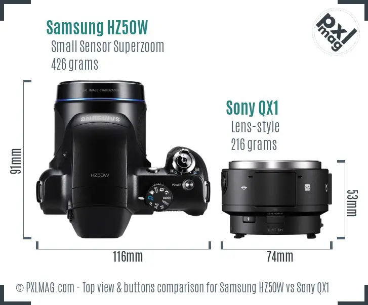 Samsung HZ50W vs Sony QX1 top view buttons comparison