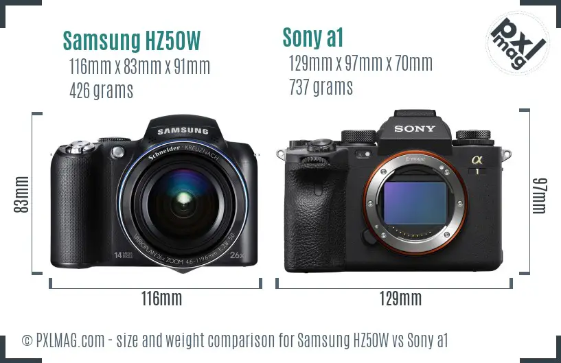 Samsung HZ50W vs Sony a1 size comparison