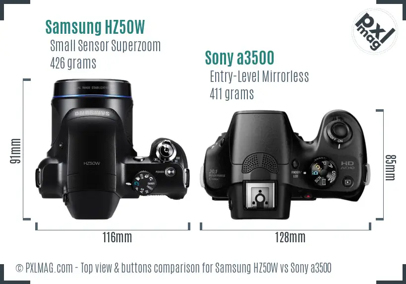 Samsung HZ50W vs Sony a3500 top view buttons comparison