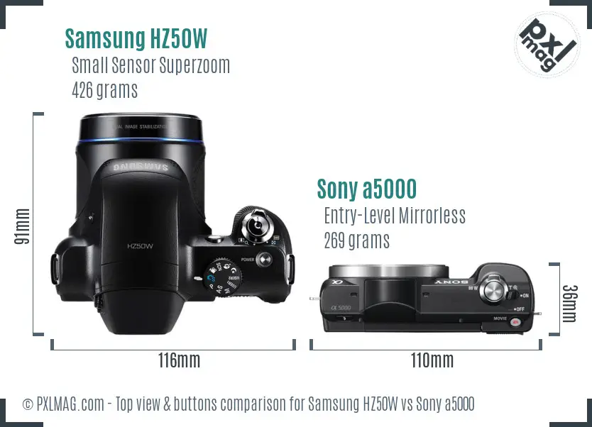 Samsung HZ50W vs Sony a5000 top view buttons comparison