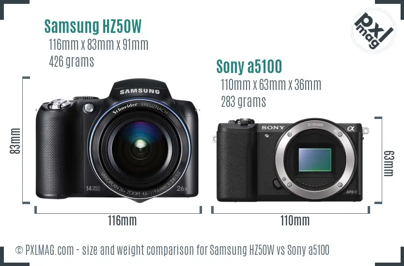 Samsung HZ50W vs Sony a5100 size comparison