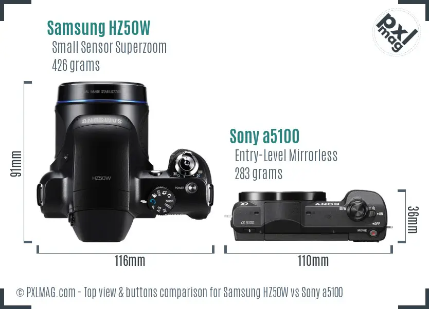 Samsung HZ50W vs Sony a5100 top view buttons comparison