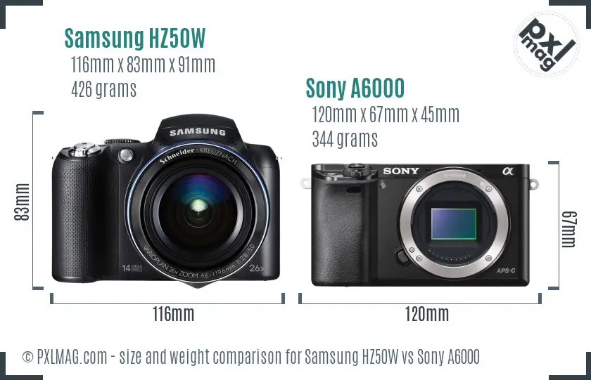 Samsung HZ50W vs Sony A6000 size comparison