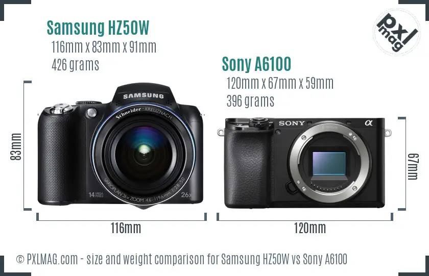 Samsung HZ50W vs Sony A6100 size comparison