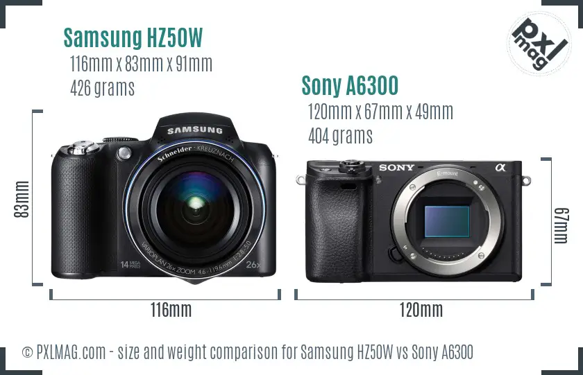 Samsung HZ50W vs Sony A6300 size comparison