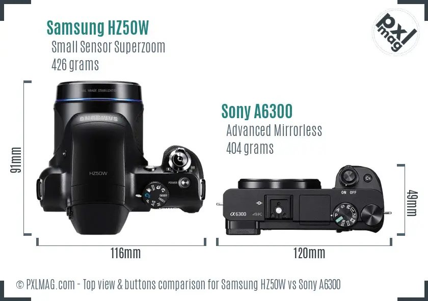 Samsung HZ50W vs Sony A6300 top view buttons comparison
