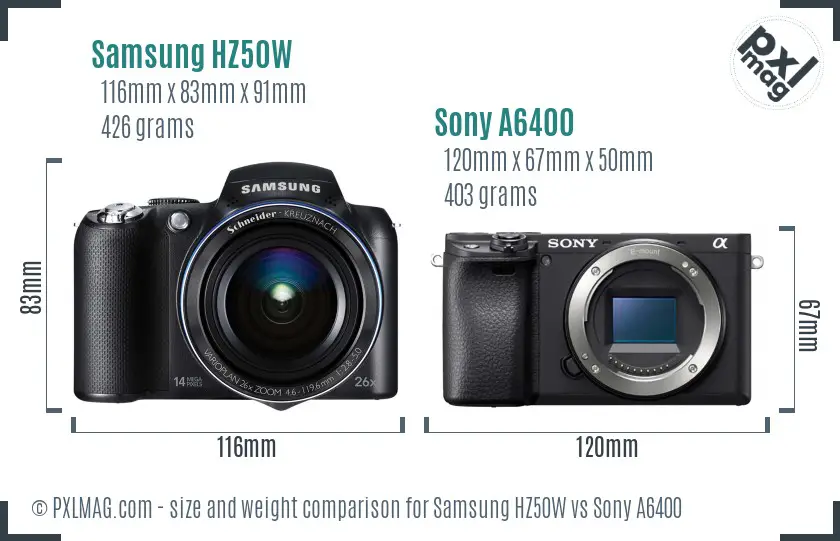 Samsung HZ50W vs Sony A6400 size comparison