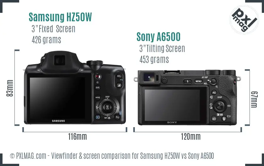 Samsung HZ50W vs Sony A6500 Screen and Viewfinder comparison