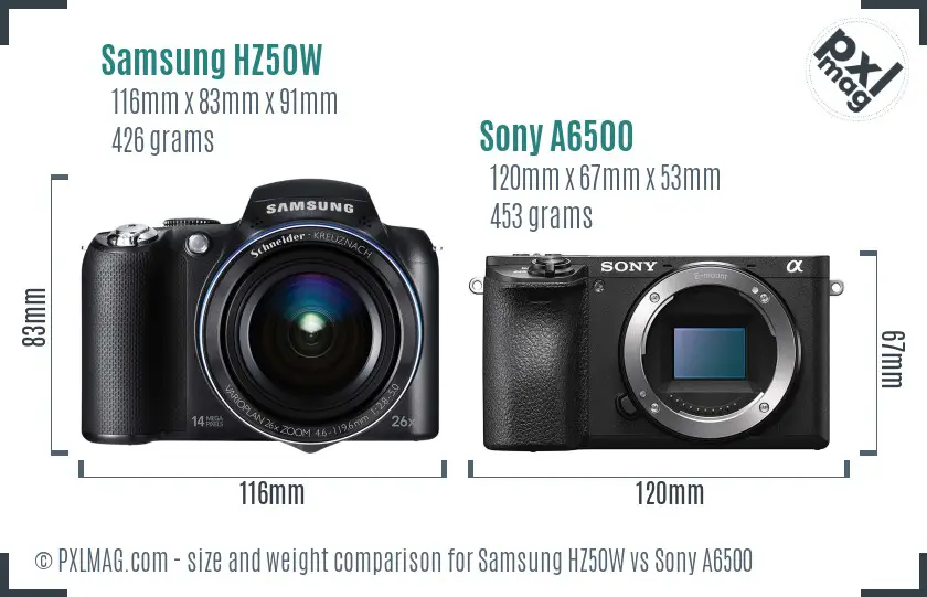 Samsung HZ50W vs Sony A6500 size comparison