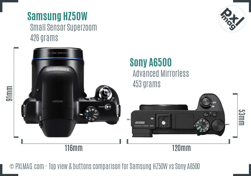 Samsung HZ50W vs Sony A6500 top view buttons comparison