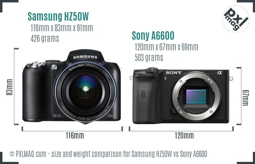 Samsung HZ50W vs Sony A6600 size comparison