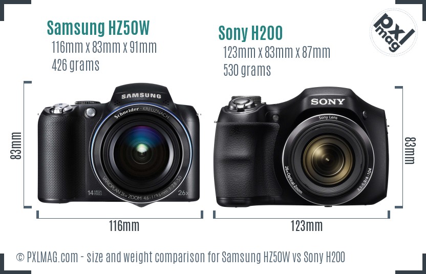 Samsung HZ50W vs Sony H200 size comparison