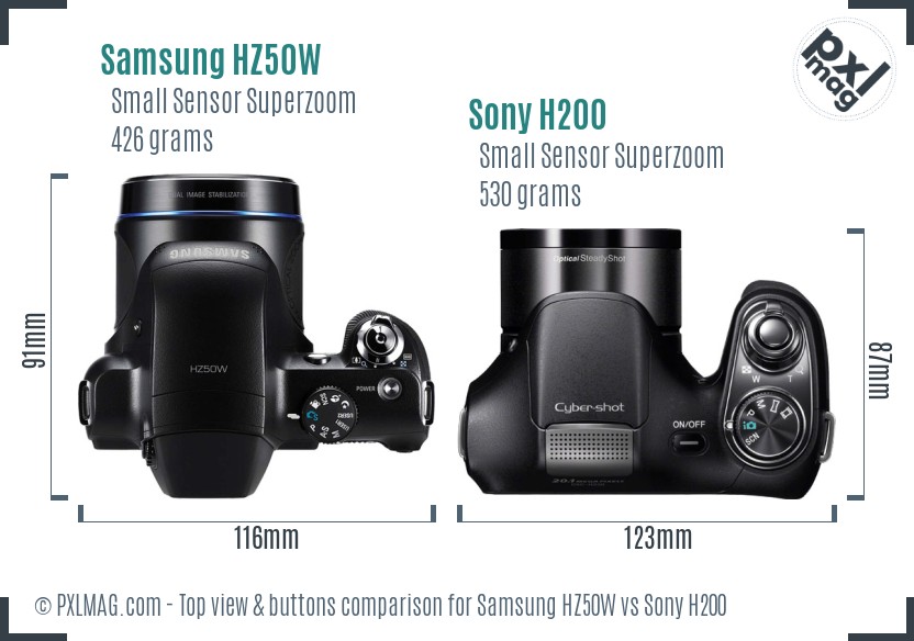 Samsung HZ50W vs Sony H200 top view buttons comparison