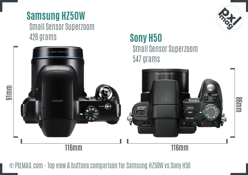 Samsung HZ50W vs Sony H50 top view buttons comparison