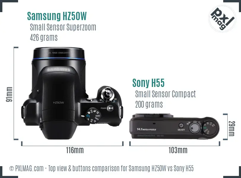 Samsung HZ50W vs Sony H55 top view buttons comparison