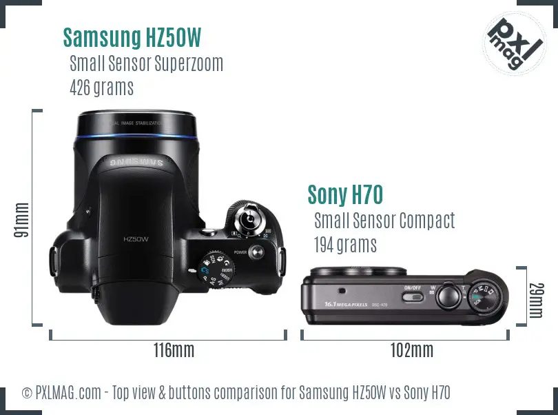Samsung HZ50W vs Sony H70 top view buttons comparison