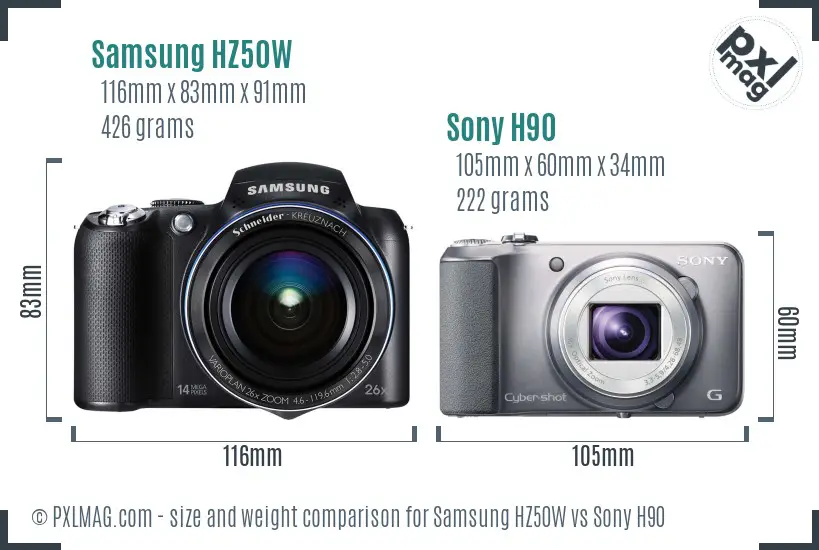 Samsung HZ50W vs Sony H90 size comparison