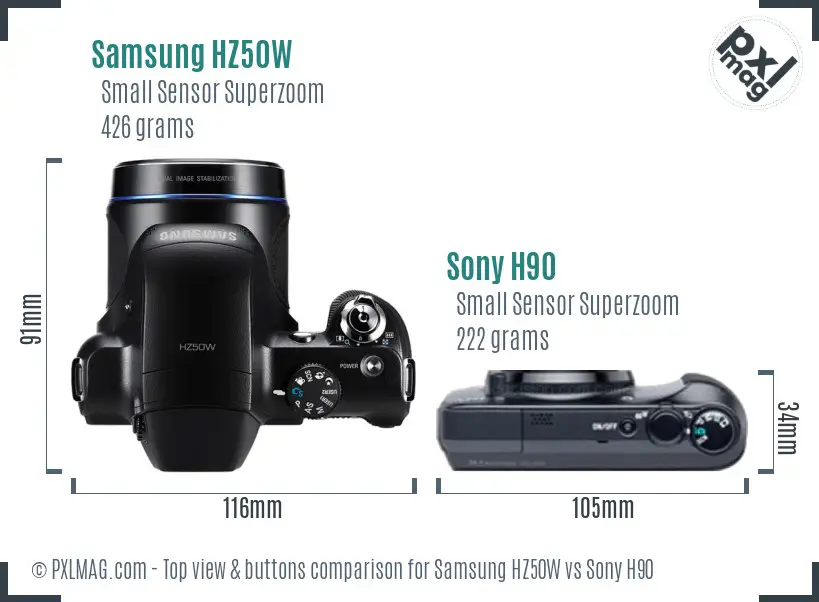 Samsung HZ50W vs Sony H90 top view buttons comparison