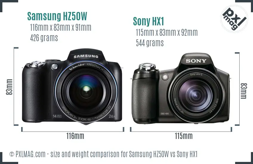 Samsung HZ50W vs Sony HX1 size comparison
