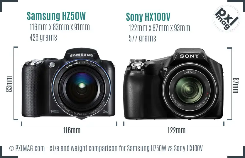 Samsung HZ50W vs Sony HX100V size comparison