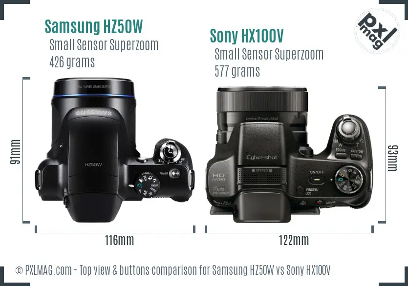 Samsung HZ50W vs Sony HX100V top view buttons comparison