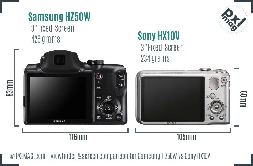 Samsung HZ50W vs Sony HX10V Screen and Viewfinder comparison