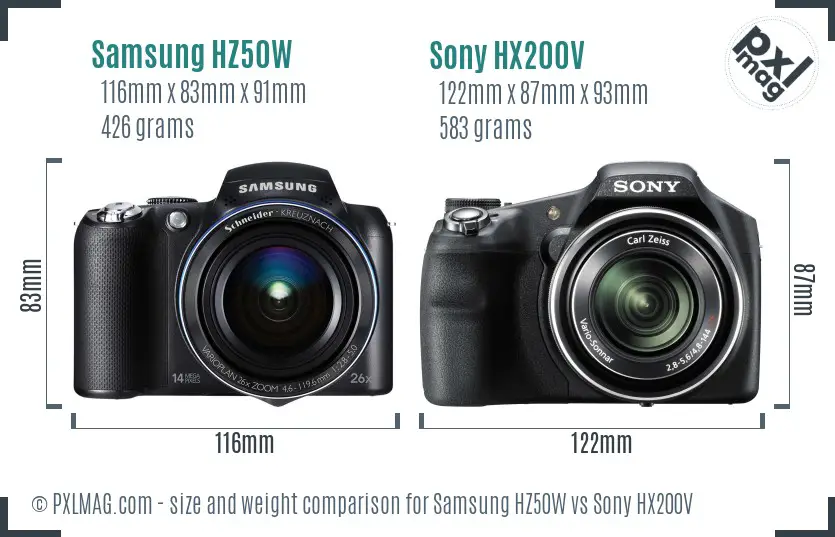 Samsung HZ50W vs Sony HX200V size comparison