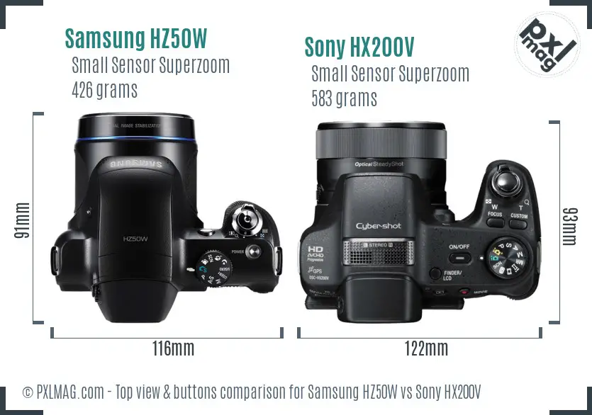 Samsung HZ50W vs Sony HX200V top view buttons comparison
