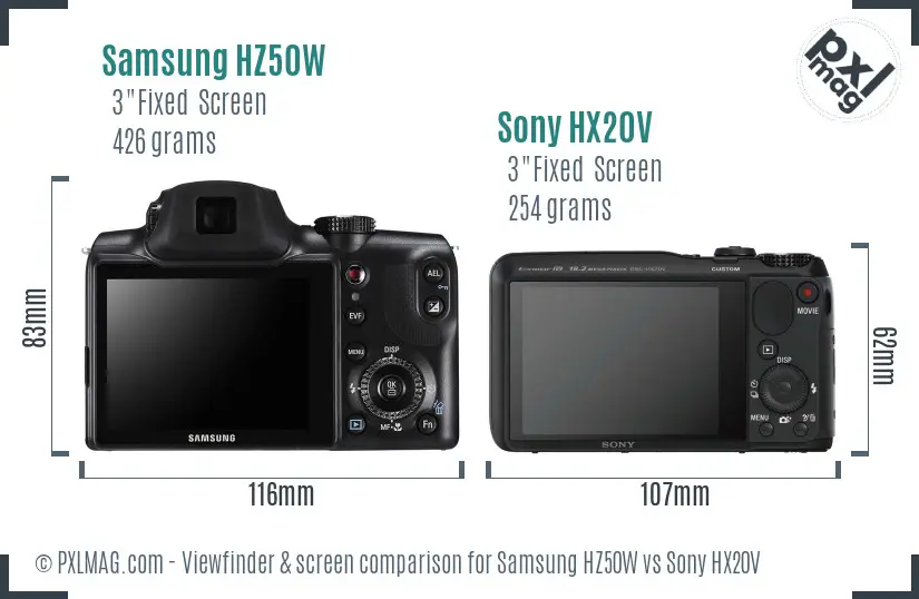 Samsung HZ50W vs Sony HX20V Screen and Viewfinder comparison