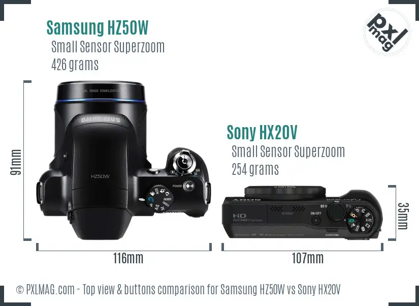 Samsung HZ50W vs Sony HX20V top view buttons comparison