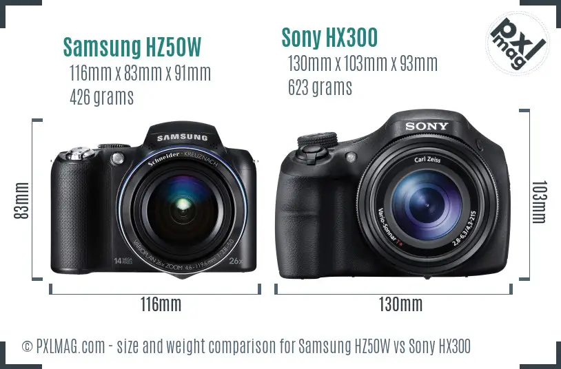 Samsung HZ50W vs Sony HX300 size comparison