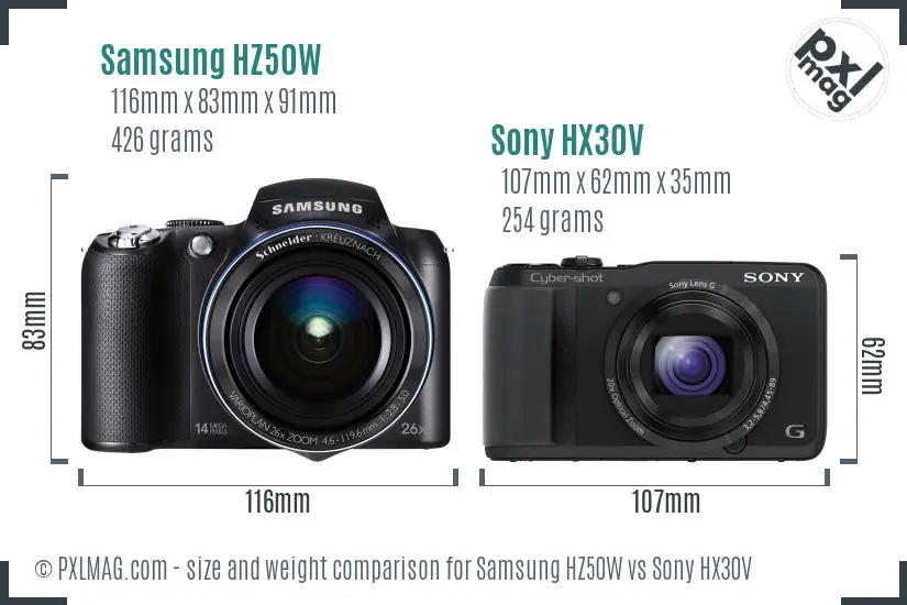 Samsung HZ50W vs Sony HX30V size comparison